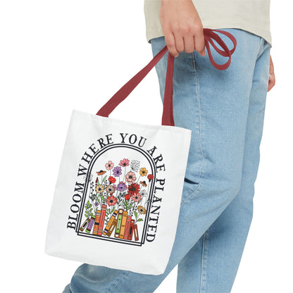 Bloom Where You Are Planted Tote Bag - Floral Book Lover Gift